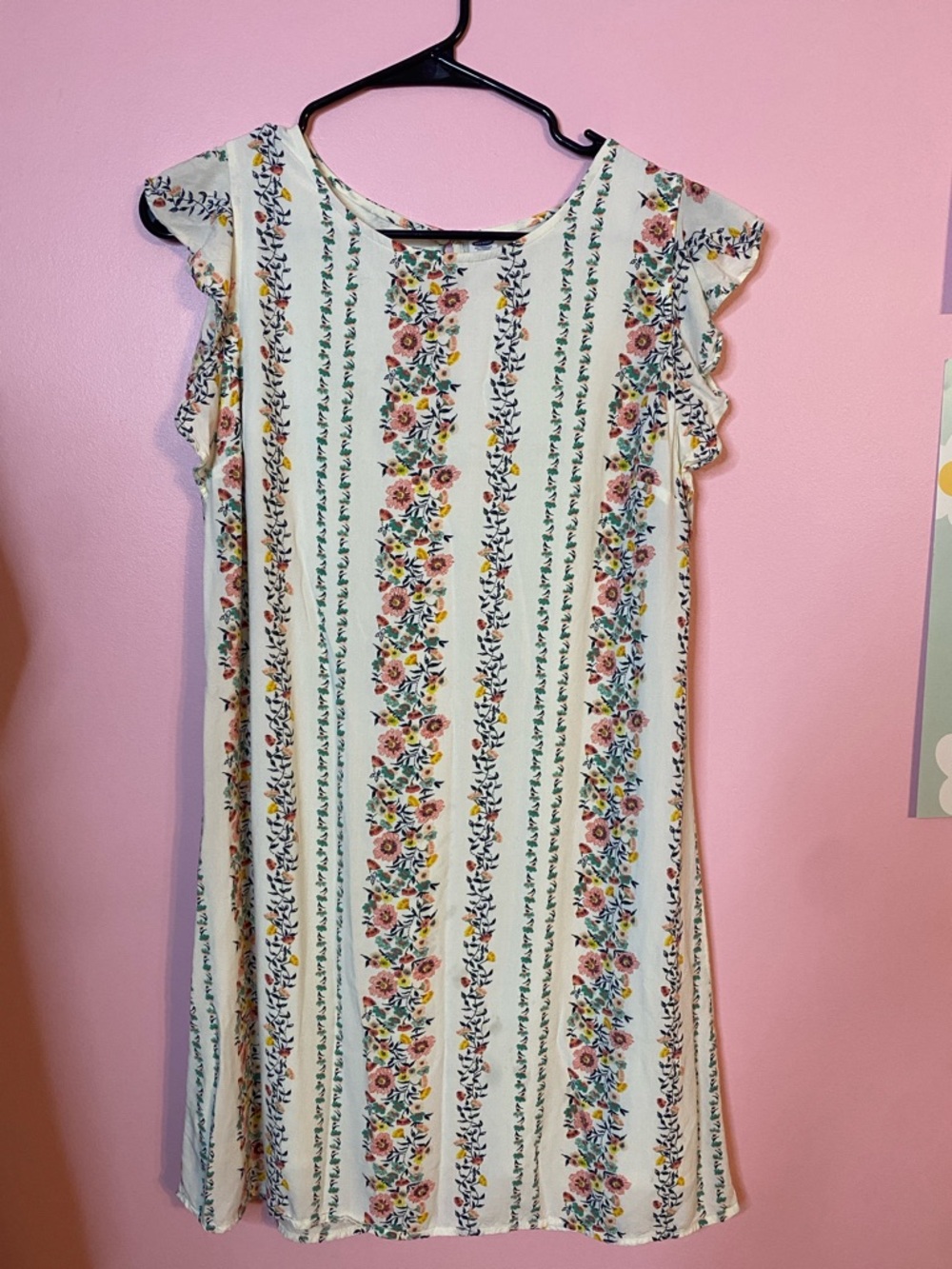 Old Navy Cream Floral Stripe Flutter-Sleeve Mini Dress